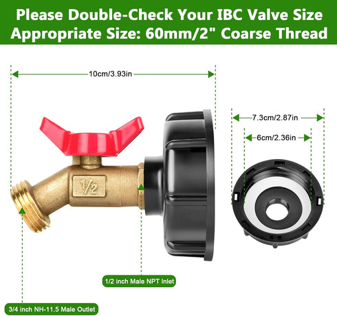 IBC Tote Adapter 275-330 Gallon IBC Tote to Garden Hose Adapter 2.36” Coarse Thread IBC Tote Fitting Water Tank Adapter with Lead-Free Brass Hose ...